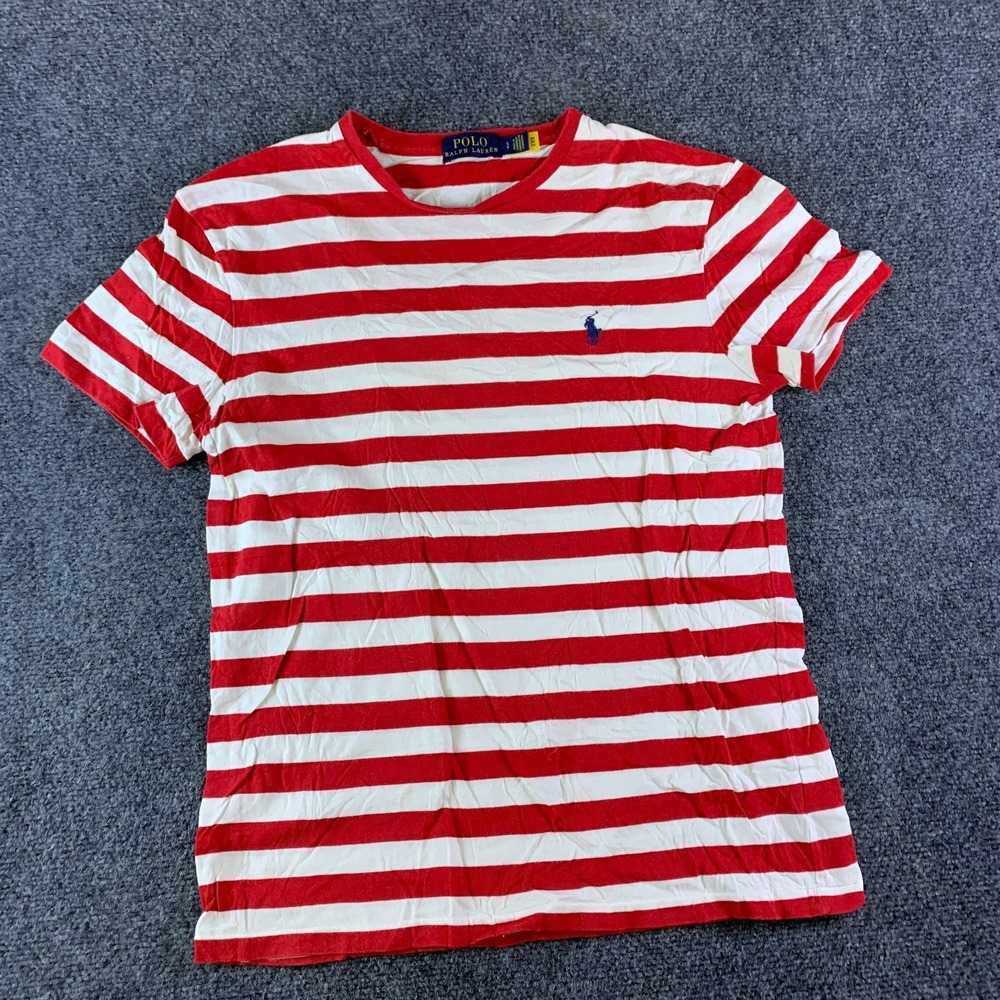 Polo Ralph Lauren T Shirt Mens Small Red White Striped Cotton Ribbed Crew Neck